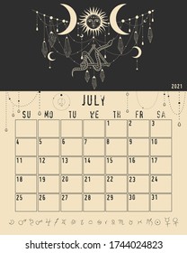 Magic calendar 2021. Mystical sun and phases of the moon. Astrology and horoscope, zodiac signs. for print. Vector graphics