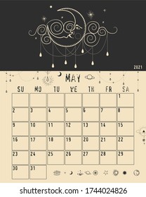 Magic calendar 2021. Mystical sun and phases of the moon. Astrology and horoscope, zodiac signs. for print. Vector graphics