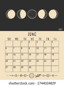 Magic calendar 2021. Mystical sun and phases of the moon. Astrology and horoscope, zodiac signs. for print. Vector graphics