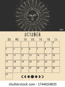 Magic calendar 2021. Mystical sun and phases of the moon. Astrology and horoscope, zodiac signs. for print. Vector graphics