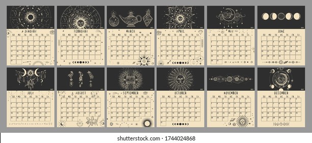 Magic calendar 2021. Mystical sun and phases of the moon. Astrology and horoscope, zodiac signs. for print. Vector graphics