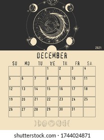 Magic calendar 2021. Mystical sun and phases of the moon. Astrology and horoscope, zodiac signs. for print. Vector graphics