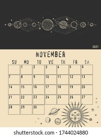 Magic calendar 2021. Mystical sun and phases of the moon. Astrology and horoscope, zodiac signs. for print. Vector graphics