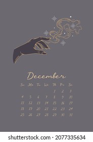 Magic calendar 2022. Month December. Vector illustration in vintage style. Womens golden hands. Halloween, magic, witchcraft, astrology, mystic. For calendar, planner, note, organizer.