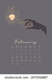 Magic calendar 2022. Month February. Vector illustration, vintage style. Womens golden hands. A dangerous deadly spell. Scull, magic, witchcraft, mystic. For calendar, planner, note, organizer.
