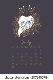 Magic calendar 2022 Month July. Stylish graphic vintage vector illustration. Raven skull in crown, flowers, grass. The concept finiteness of being. For calendar, halloween, planner, note, organizer