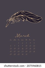 Magic calendar for 2022. The month of March. Black and gold flying feather dark background. Vintage vector illustration. Magic, witchcraft, astrology, mysticism. For calendar, planner, note, organizer