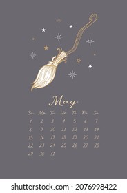 Magic calendar 2022. Month May. Witchs broom, sparks, stars. Vector vintage illustration magic items. Walpurgis Night. For calendar, planner, note, organizer.