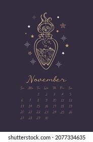 Magic calendar 2022. Month November. Vector vintage illustration for halloween. Seething witch s magic potion in a vial, steam in the form of a skull, autumn. For calendar, planner, note, organizer.