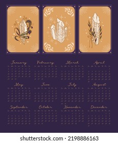 Calendario mágico 2023. Cristal con brotes de una planta. amuleto ritual. Ilustración vintage al estilo boho. Halloween, brujería, astrología, misticismo. 12 meses de 2023