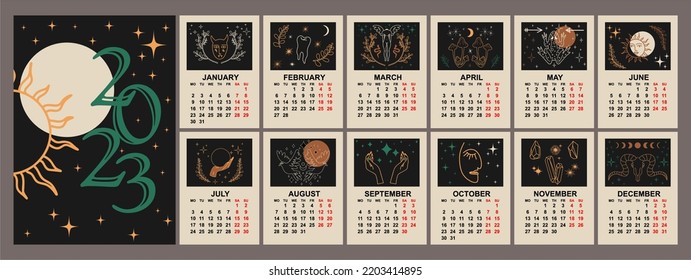 Magic calendar 2023. Mystical sun, creatures, magic items. Boho style, printable poster. Vector graphics.