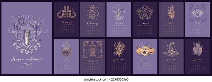 Magic calendar 2023. Vintage gothic illustrations, witch items. Deer antlers, bumblebee, potion cauldron, hat, alchemical crystals, pumpkin, witchcraft, astrology, mystical set of 12 months of 2023.