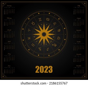 Magic calendar 2023 with zodiac signs. Week starting on sunday. Vector template ready to print. Horoscope wall picture design.