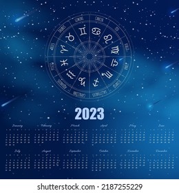 Magic calendar 2023 with zodiac signs. Week starting on sunday. Vector template ready to print. Horoscope wall picture design.