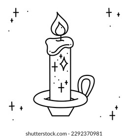 Magic candle in a candlestick surrounded by stars. Doodle vector illustration, clipart.