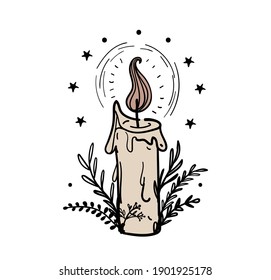 Magic candle light, magic boho tattoo for witch, line drawing for tarot card, christmas eve. Vintage vector illustration isolated on white background.