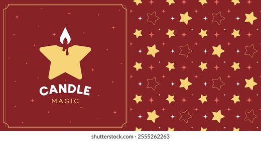 Magic candle in the shape of a star on a red background. Template of a sign or logo 