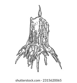 Magic candle for skull. Witchcraft burning candle black line art. Witchy hand drawing waxy candlelight. Vector.