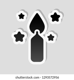 Magic candle with stars. Simple icon of birthday. Sticker style with white border and simple shadow on gray background
