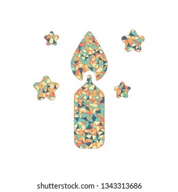 Magic candle with stars. Simple icon of birthday. Colored mosaic with polygons