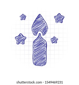 Magic candle with stars. Simple icon of birthday. Hand drawn sketched picture with scribble fill. Blue ink. Doodle on white background