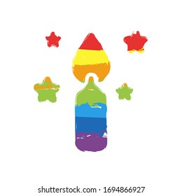 Magic candle with stars. Simple icon of birthday. Drawing sign with LGBT style, seven colors of rainbow (red, orange, yellow, green, blue, indigo, violet
