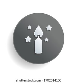 Magic candle with stars. Simple icon of birthday. White paper symbol on gray round button or badge with shadow
