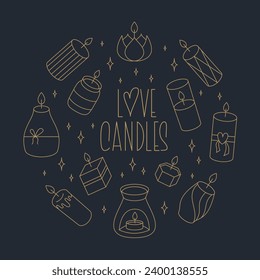 Magic Candle Template. Love Candles Phrase Decorated with Cute Line Frame. Aromatherapy Vector Illustration.