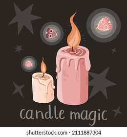 Magic candles burning with butterfly and moth