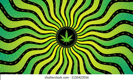 Magic cannabis leaf; Sacred complex geometry; Wonderful mandala in trance psychedelic style; Vector illustration, horizontal format.
