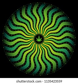 Magic cannabis leaf; Sacred complex geometry; Wonderful mandala in trance psychedelic style; Vector illustration, square format.