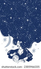 Magic card for astrology, tarot, zodiac. Mystical witch with a divination ball on a space background with the moon and stars, copy space on a blue background. Modern vector poster.