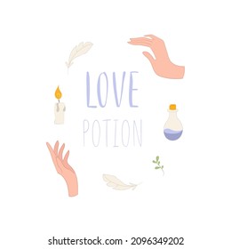 Magic card with candle and hand, bottle, crystal and feather