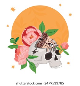 Magic card with human skull,moth Death's Head and flowers.Cartoon composition with moon and stars on white background.Vector design with mystic symbols and occult,alchemical signs.Print on fabric.