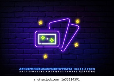 Magic card neon sign element. Gambling and the concept for night of bright advertising. Vector illustration in neon style for online casino, game, poker club