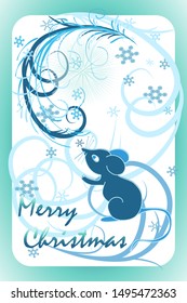 Magic card for the New Year holiday. Wonderful blue mouse, snow and frosty drawing on the windows. Text Merry Christmas. Vector illustration for children and adults. Beautiful symbol of the new 2020