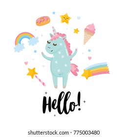 Magic card with unicorn. Fantasy and lovely illustration. Poster for children bedroom. Hand drawn letters.