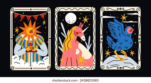 Magic cards with mythical characters in cartoon style. Tarot cards, esoteric symbols, occult spiritual symbolism. Retro groovy vector poster.