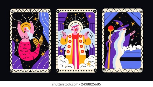 Tarjetas mágicas con personajes míticos en estilo de dibujos animados. Cartas de Tarot, símbolos esotéricos, simbología espiritual oculta. Afiche vectorial retro.