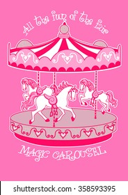 Magic carousel with white horses .