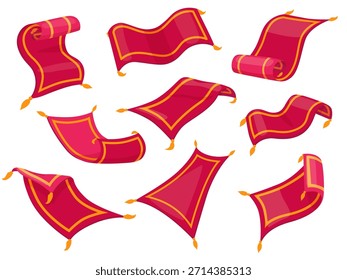 Personaje de alfombra mágica. Alfombras árabes cuento de hadas, alfombra roja varias poses. Estera de algodón voladora oriental divertida. Avión de brujería hoy en día Clipart de Vector