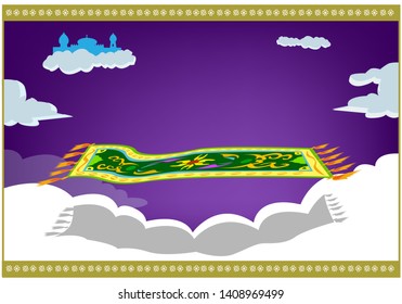 Magic carpet floats in the air with palace in the sky in the background. Editable Clip Art.