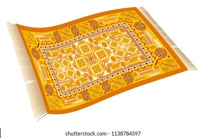 Magic carpet. Flying carpet with orange, yellow and red pattern. Isolated vector illustration on white background.