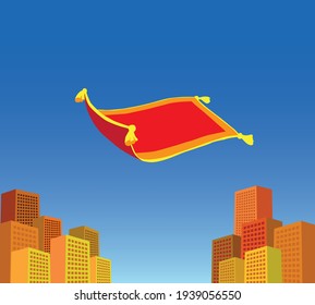 magic carpet and metropolitan building, vector illustration