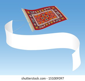 Magic carpet that flies away with a banner that can be labeled. Isolated vector.