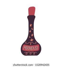 Magic cartoon bottle of moon dust potion. Vector illustrations of magic moon dust elixir in flat style