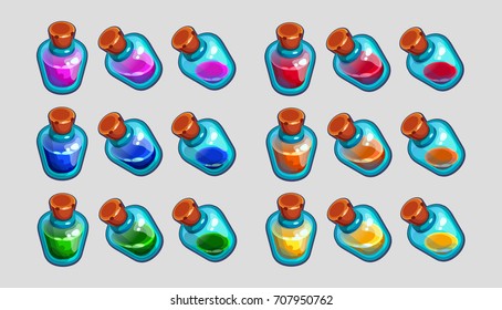 Magic cartoon bottles with liquid in different colors, vector elements.