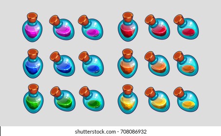 Magic cartoon bottles with liquid in different colors, vector elements.