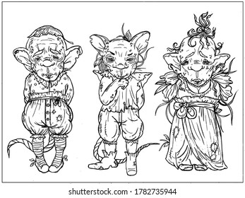 Magic cartoon characters - three creepy rats, similar to humans, with big heads and ears, wrinkled muzzles and protruding teeth, thin twisted tails, dressed in different outfits and hats. Set.