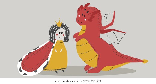 Magic Cartoon Characters Vector Illustration. Little Princess and Cute Red Dragon. 
